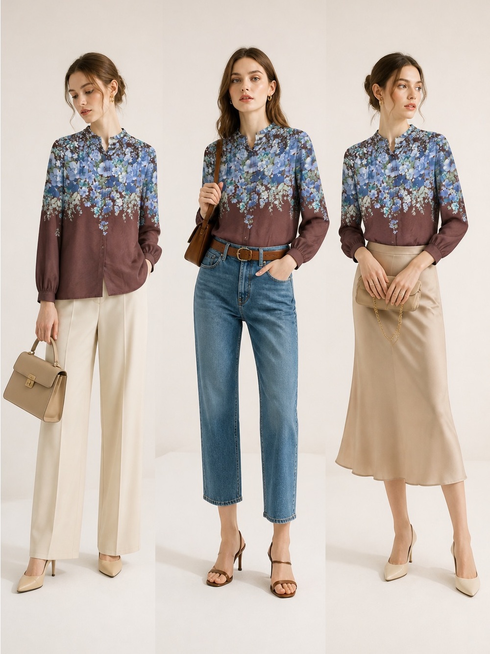 NWOT A.K.A Posh Brown Blouse with Blue Floral Print Size M